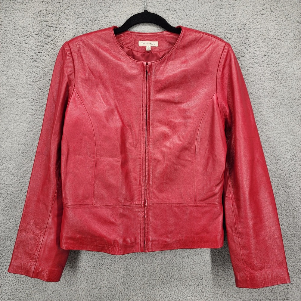 Yvonne Marie Red Lamb Leather Zip Up Collarless Jacket Womens Size 10